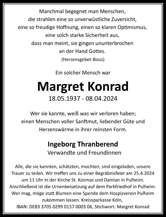 Anzeige von Margret Konrad von  Wochenende 