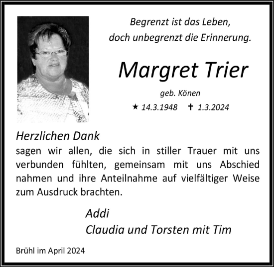Anzeige von Margret Trier von  Wochenende  Schlossbote/Werbekurier 