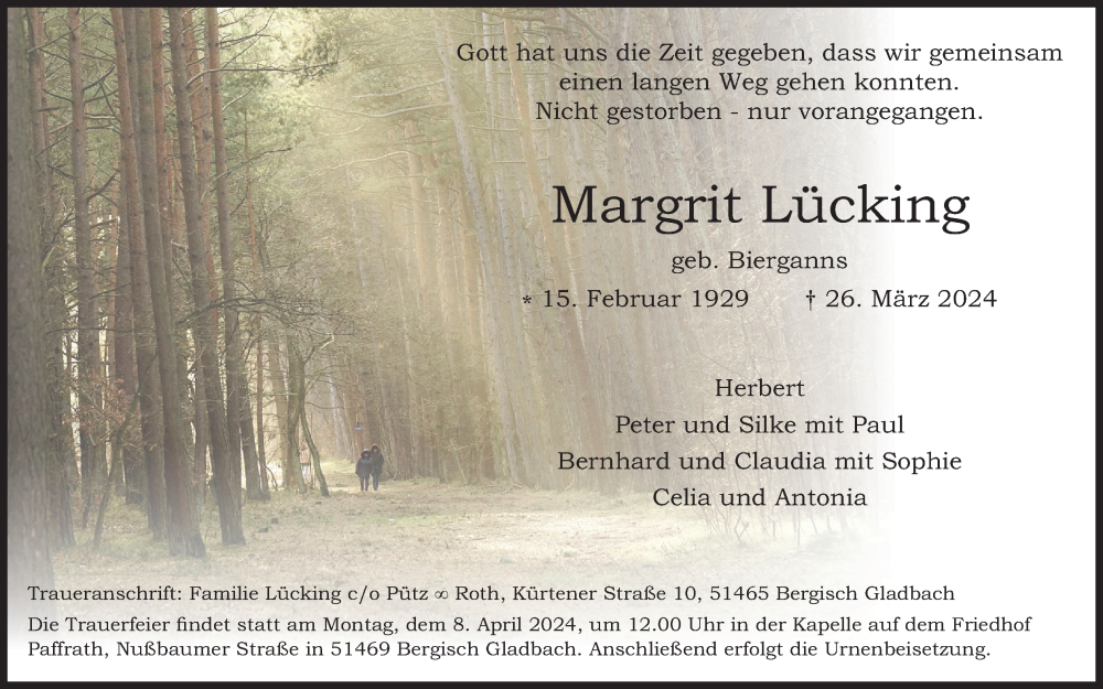  Traueranzeige für Margrit Lücking vom 30.03.2024 aus Kölner Stadt-Anzeiger / Kölnische Rundschau / Express