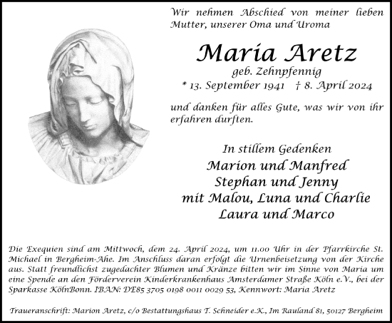 Anzeige von Maria Aretz von  Werbepost 