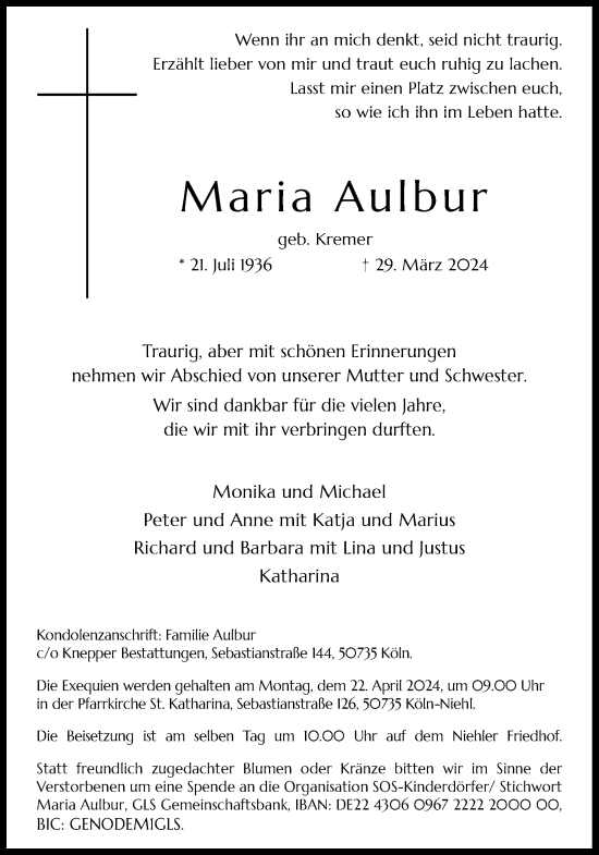 Anzeige von Maria Aulbur von Kölner Stadt-Anzeiger / Kölnische Rundschau / Express