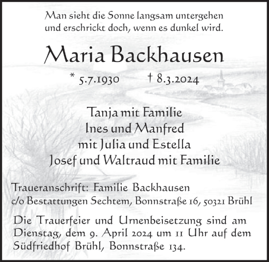 Anzeige von Maria Backhausen von  Schlossbote/Werbekurier 