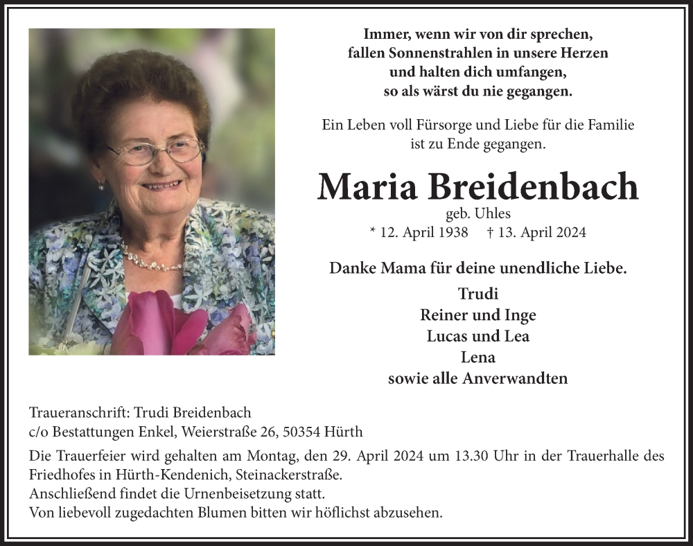  Traueranzeige für Maria Breidenbach vom 19.04.2024 aus  Wochenende 