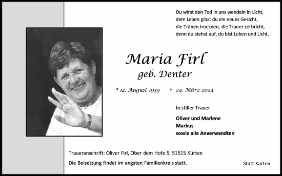 Anzeige von Maria Firl von Kölner Stadt-Anzeiger / Kölnische Rundschau / Express