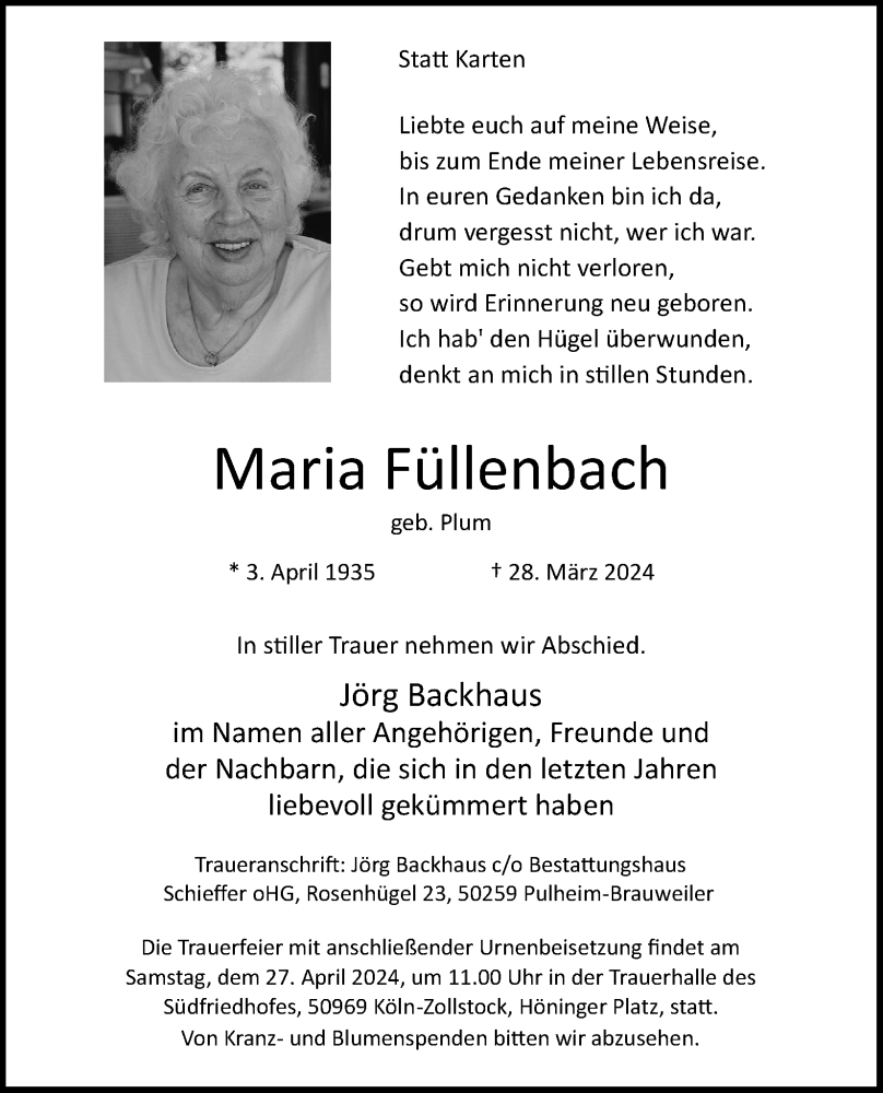  Traueranzeige für Maria Füllenbach vom 20.04.2024 aus Kölner Stadt-Anzeiger / Kölnische Rundschau / Express