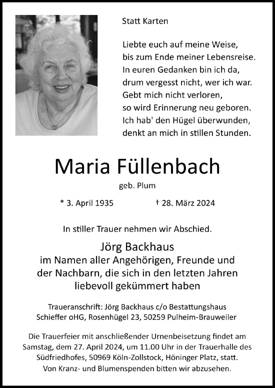 Anzeige von Maria Füllenbach von  Werbepost 