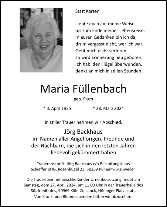 Anzeige von Maria Füllenbach von Kölner Stadt-Anzeiger / Kölnische Rundschau / Express