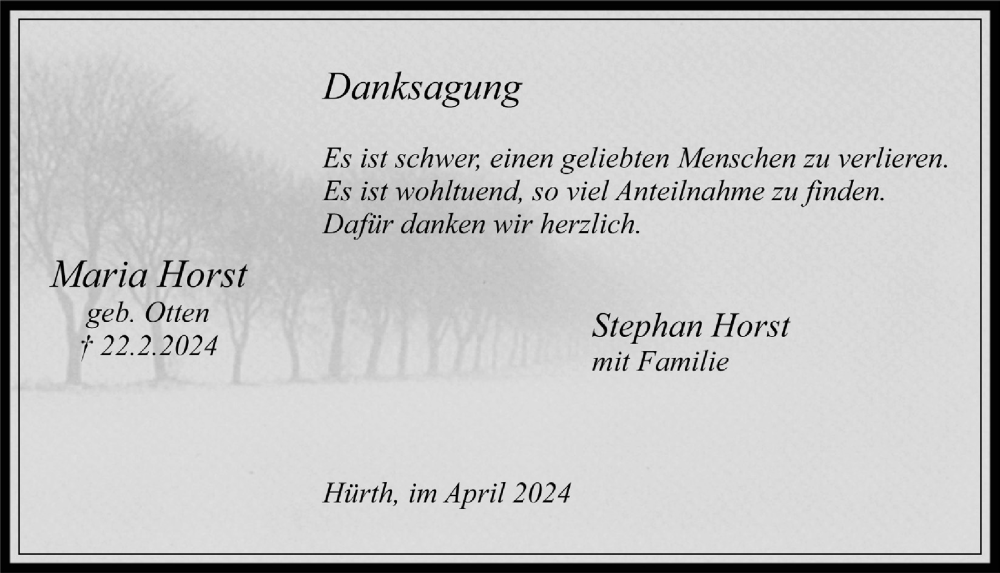  Traueranzeige für Maria Horst vom 12.04.2024 aus  Wochenende 