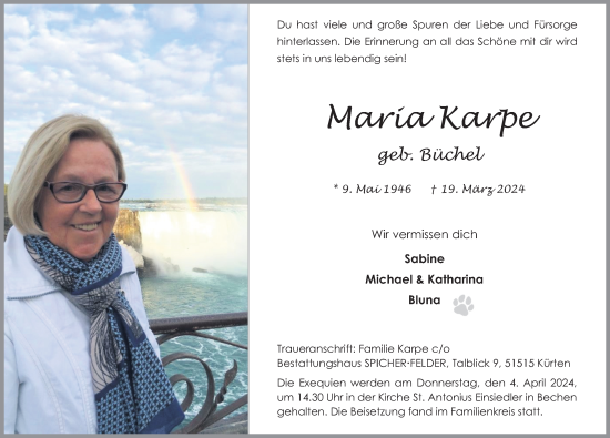 Anzeige von Maria Karpe von Kölner Stadt-Anzeiger / Kölnische Rundschau / Express
