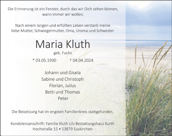 Anzeige von Maria Kluth von  Blickpunkt Euskirchen 