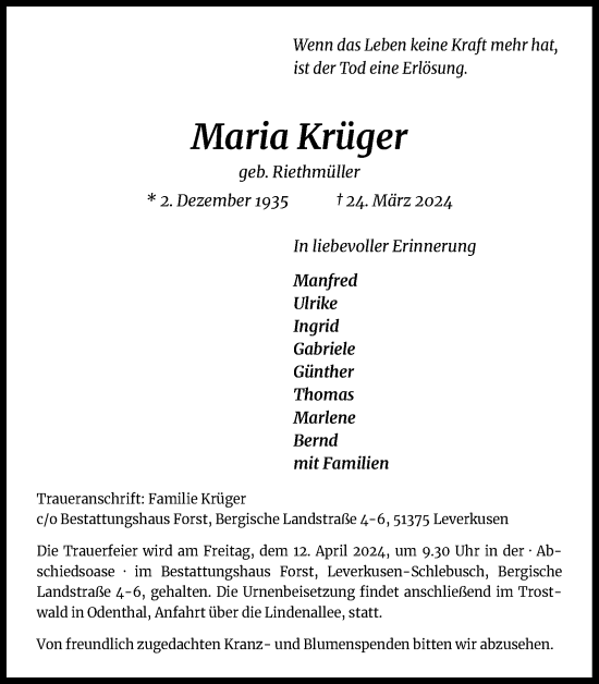 Anzeige von Maria Krüger von Kölner Stadt-Anzeiger / Kölnische Rundschau / Express