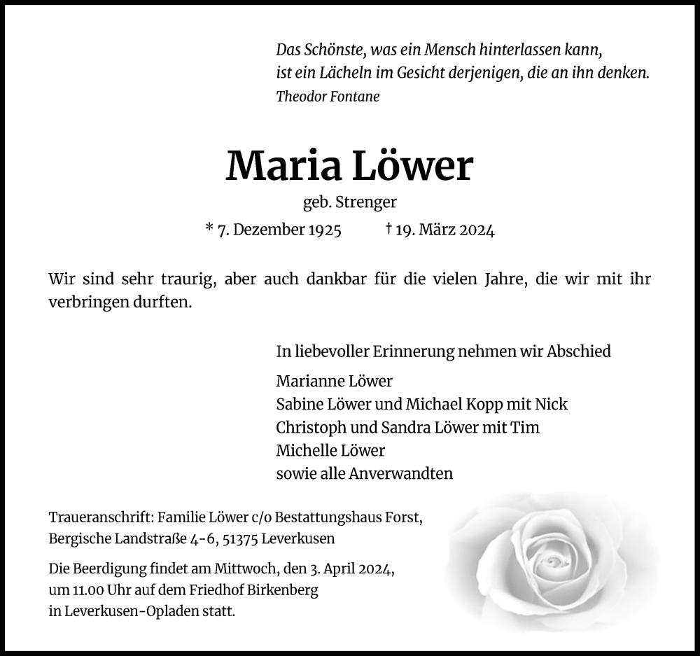  Traueranzeige für Maria Löwer vom 30.03.2024 aus Kölner Stadt-Anzeiger / Kölnische Rundschau / Express