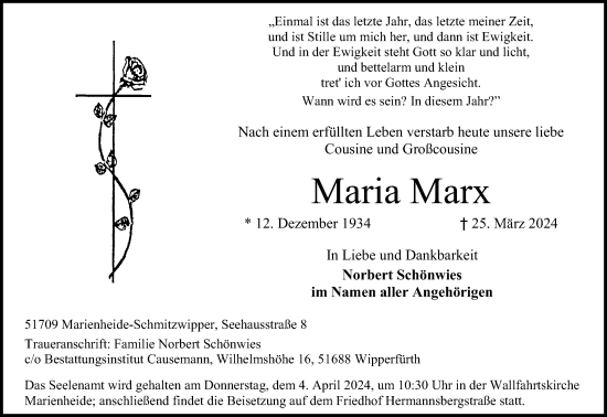 Anzeige von Maria Marx von Kölner Stadt-Anzeiger / Kölnische Rundschau / Express