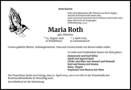 Anzeige von Maria Roth von Kölner Stadt-Anzeiger / Kölnische Rundschau / Express