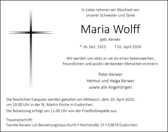 Anzeige von Maria Wolff von  Blickpunkt Euskirchen 