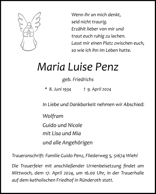 Anzeige von Maria Luise Penz von Kölner Stadt-Anzeiger / Kölnische Rundschau / Express