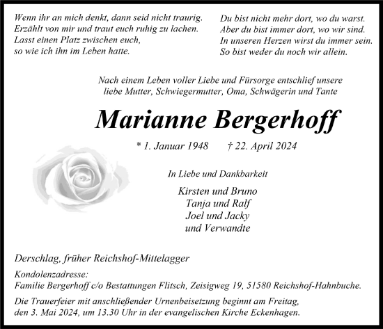 Anzeige von Marianne Bergerhoff von  Anzeigen Echo 