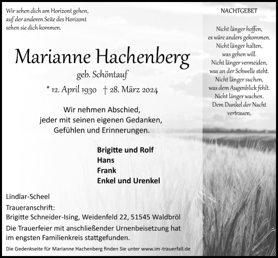 Anzeige von Marianne Hachenberg von  Anzeigen Echo  Lokalanzeiger 