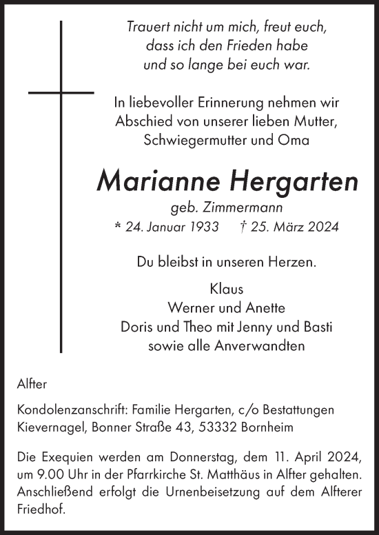 Anzeige von Marianne Hergarten von  Schaufenster/Blickpunkt 