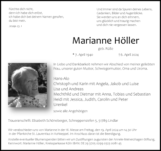 Anzeige von Marianne Höller von Kölner Stadt-Anzeiger / Kölnische Rundschau / Express