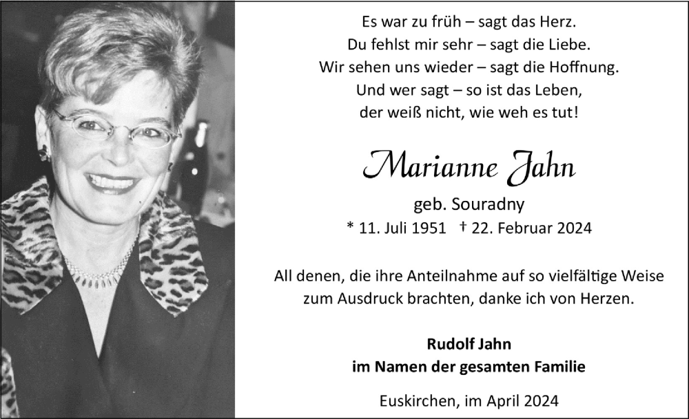  Traueranzeige für Marianne Jahn vom 06.04.2024 aus  Blickpunkt Euskirchen 