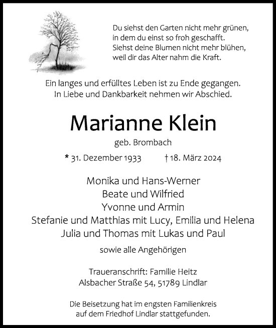 Anzeige von Marianne Klein von Kölner Stadt-Anzeiger / Kölnische Rundschau / Express