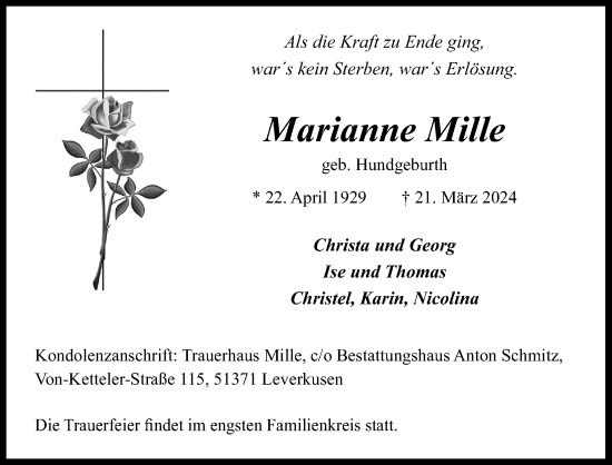 Anzeige von Marianne Mille von Kölner Stadt-Anzeiger / Kölnische Rundschau / Express