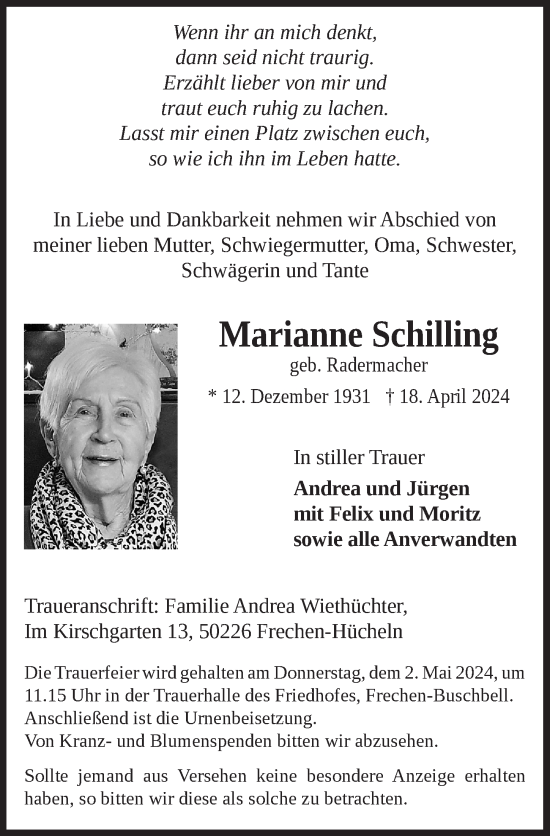 Anzeige von Marianne Schilling von  Wochenende 