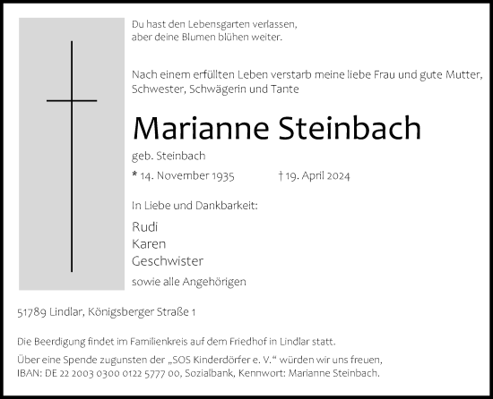 Anzeige von Marianne Steinbach von Kölner Stadt-Anzeiger / Kölnische Rundschau / Express