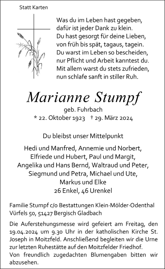 Anzeige von Marianne Stumpf von  Bergisches Handelsblatt 