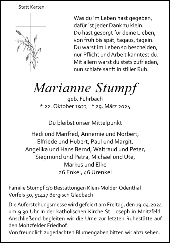 Anzeige von Marianne Stumpf von Kölner Stadt-Anzeiger / Kölnische Rundschau / Express