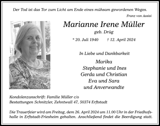 Anzeige von Marianne Irene Müller von  Werbepost 