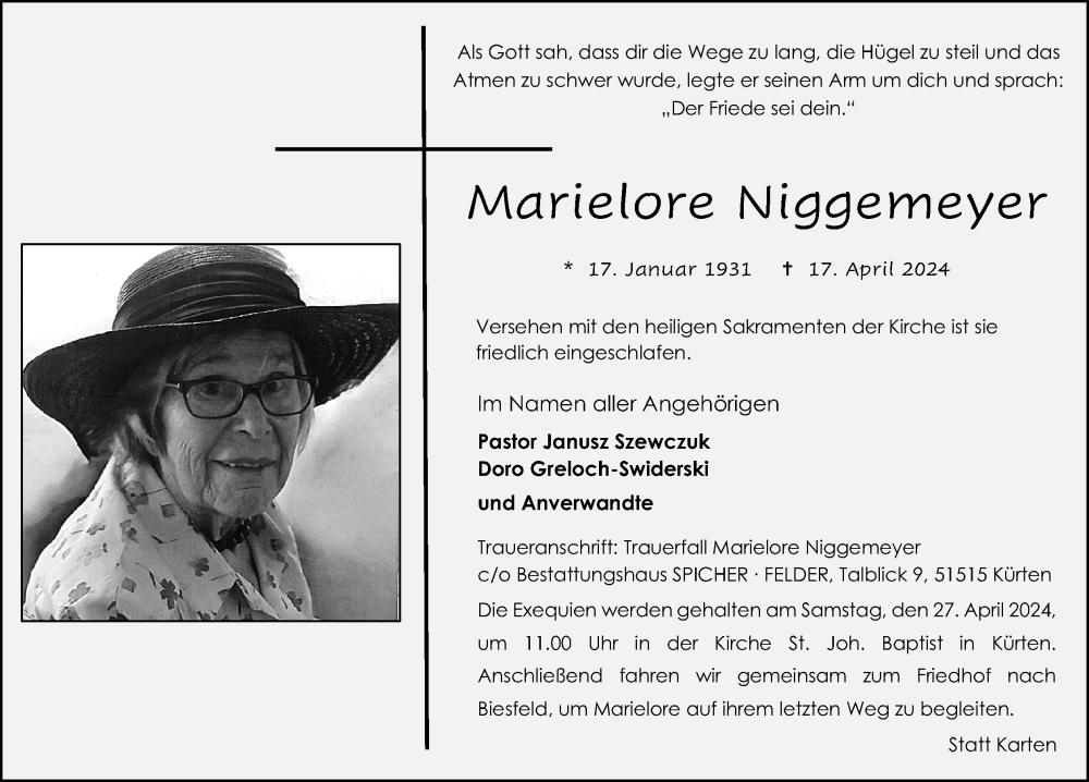  Traueranzeige für Marielore Niggemeyer vom 24.04.2024 aus Kölner Stadt-Anzeiger / Kölnische Rundschau / Express