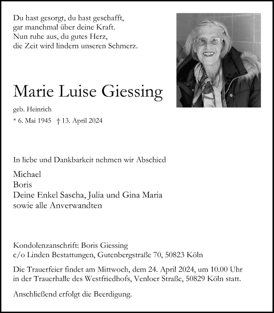 Anzeige von Marie Luise Giessing von Kölner Stadt-Anzeiger / Kölnische Rundschau / Express
