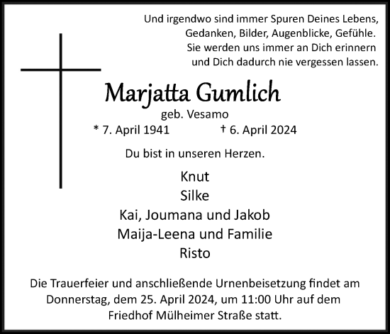Anzeige von Marjatta Gumlich von Kölner Stadt-Anzeiger / Kölnische Rundschau / Express