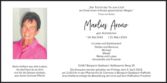 Anzeige von Marlies Arenz von Kölner Stadt-Anzeiger / Kölnische Rundschau / Express
