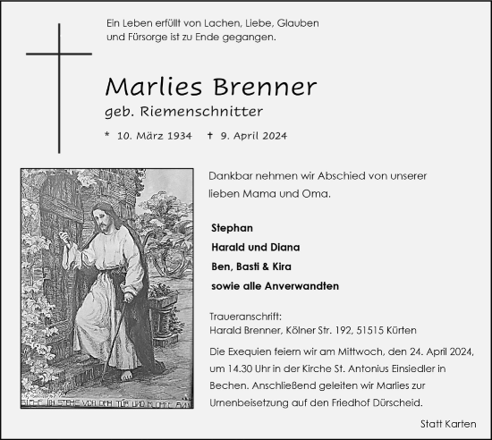 Anzeige von Marlies Brenner von  Bergisches Handelsblatt 
