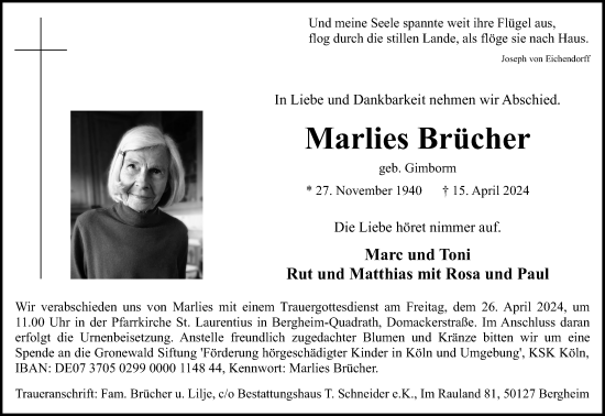Anzeige von Marlies Brücher von Kölner Stadt-Anzeiger / Kölnische Rundschau / Express