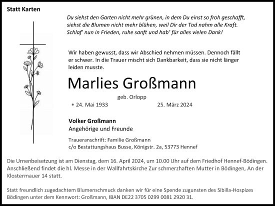 Anzeige von Marlies Großmann von Kölner Stadt-Anzeiger / Kölnische Rundschau / Express