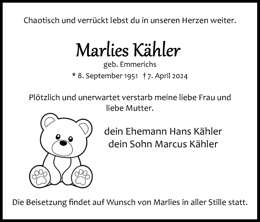  Traueranzeige für Marlies Kähler vom 13.04.2024 aus Kölner Stadt-Anzeiger / Kölnische Rundschau / Express