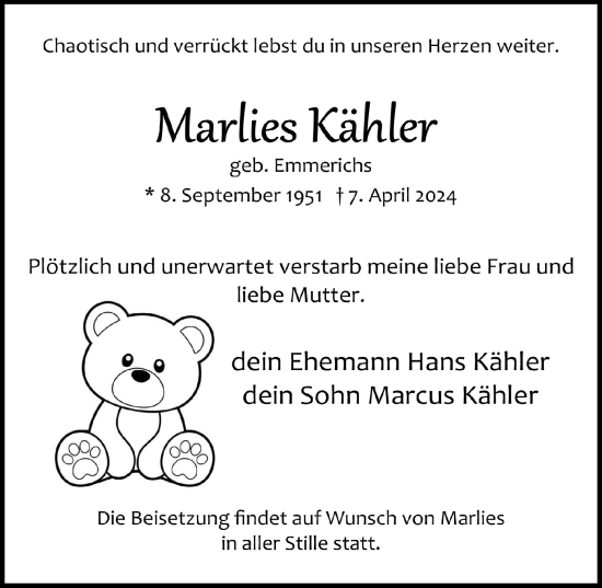 Anzeige von Marlies Kähler von  Lokale Informationen 