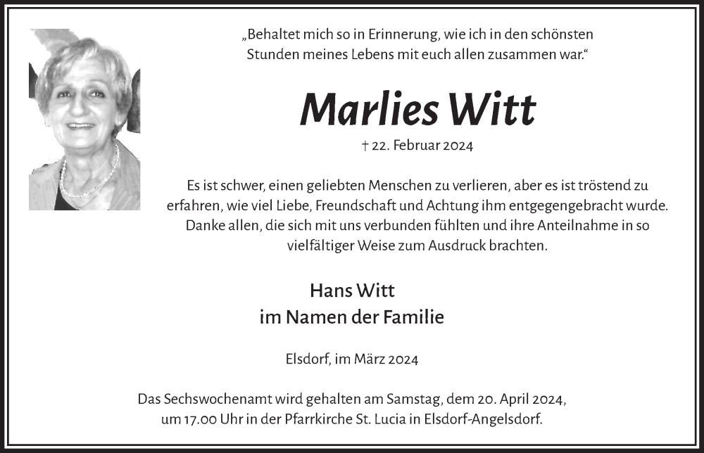  Traueranzeige für Marlies Witt vom 05.04.2024 aus  Werbepost 