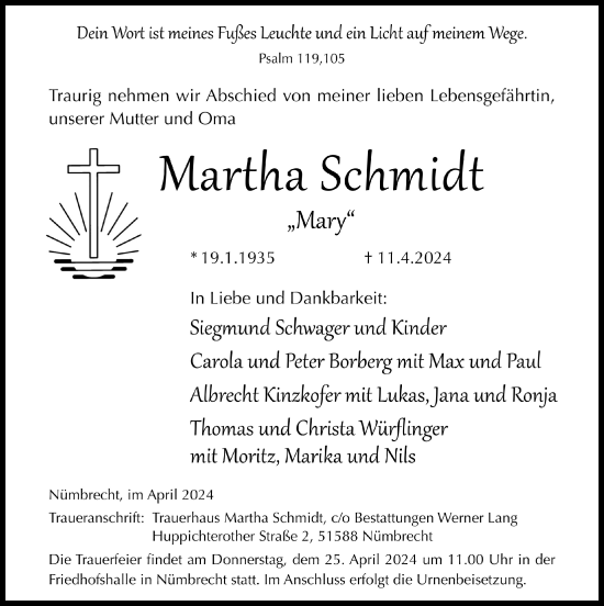 Anzeige von Martha Schmidt von  Lokalanzeiger 