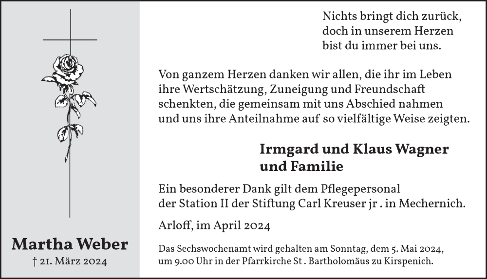  Traueranzeige für Martha Weber vom 27.04.2024 aus  Blickpunkt Euskirchen 