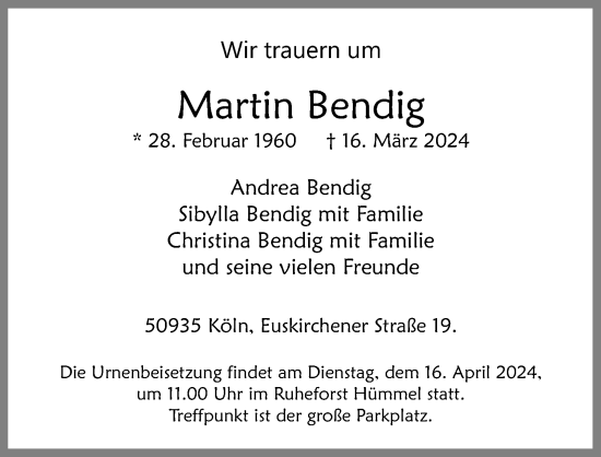 Anzeige von Martin Bendig von Kölner Stadt-Anzeiger / Kölnische Rundschau / Express