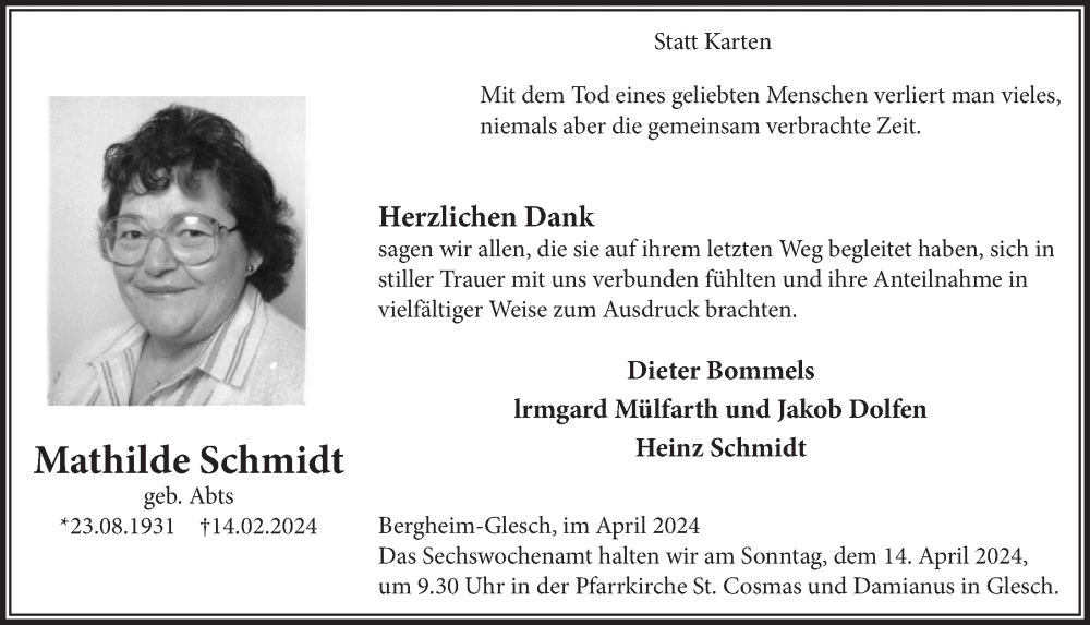  Traueranzeige für Mathilde Schmidt vom 05.04.2024 aus  Werbepost 