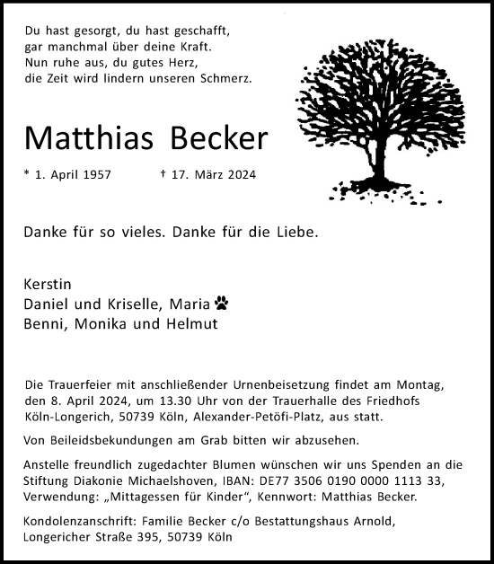 Anzeige von Matthias Becker von Kölner Stadt-Anzeiger / Kölnische Rundschau / Express