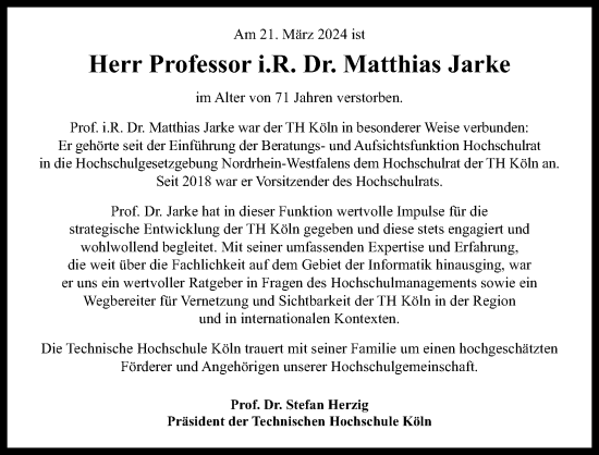 Anzeige von Matthias Jarke von Kölner Stadt-Anzeiger / Kölnische Rundschau / Express