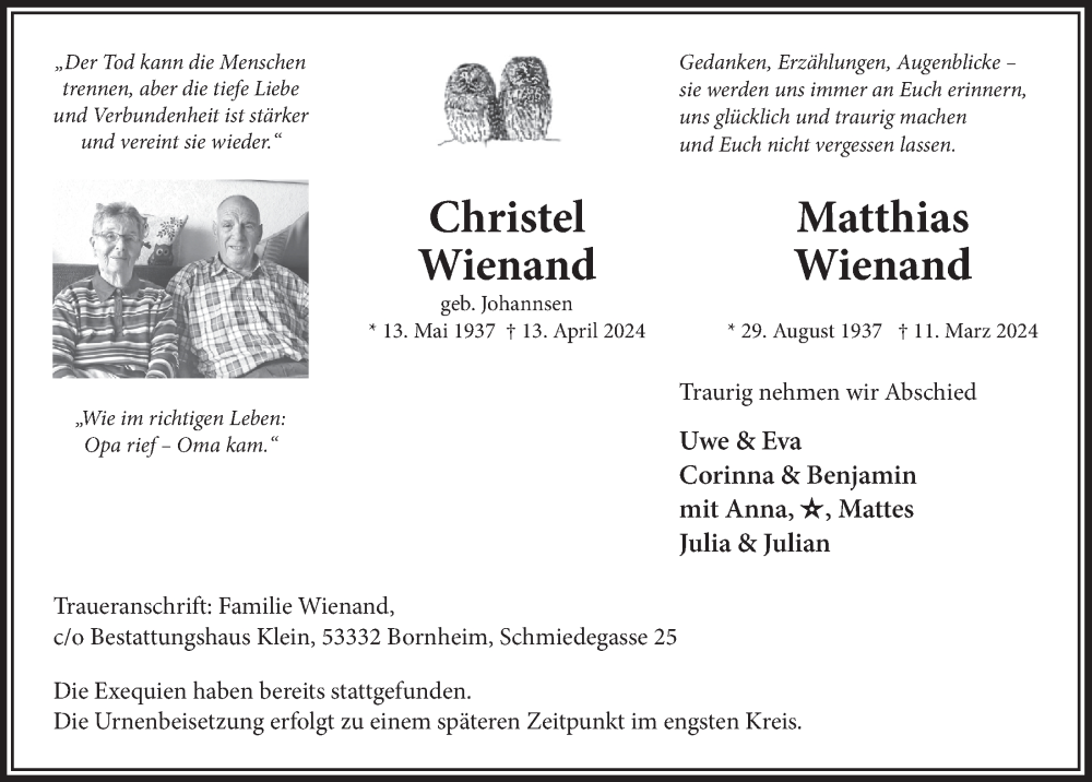  Traueranzeige für Matthias Wienand vom 19.04.2024 aus  Schaufenster/Blickpunkt 