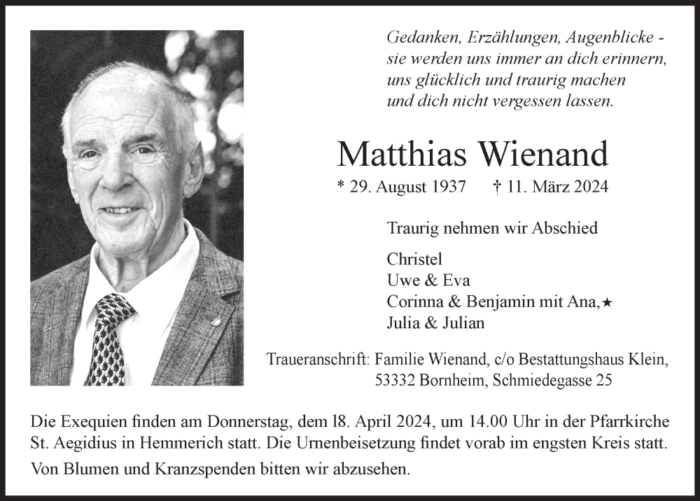  Traueranzeige für Matthias Wienand vom 12.04.2024 aus  Schaufenster/Blickpunkt 